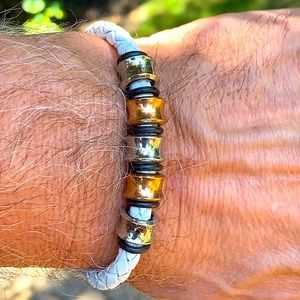 New Stainless Steel and White Leather Bracelet